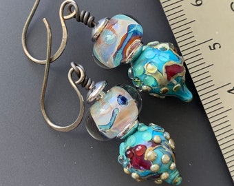 Lampwork Glass and Bubbled Teardrop Sterling Silver Earrings with Sterling Endcaps and Handmade Sterling Earwires OOAK