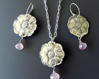 Pink Poppies Fine and Sterling Silver and Pink Faceted Chalcedony Onion Briolettes Necklace and Earrings Set