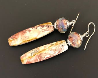 Birds Eye Jasper and Lampwork Glass Drop Earrings with Handmade Sterling Silver Earwires