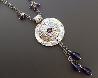 Sterling Silver Necklace Sea Urchin Necklace Amethyst OOAK Fine Silver 24 inch with Faceted Amethyst Teardrops and Beads