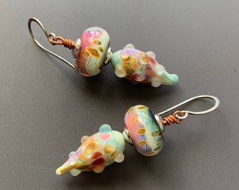 Colorful Borosilicate and Etched Glass Spring Colors Fiesta Drop Earrings Sterling and Copper with Handmade Sterling Fishhook Earwires