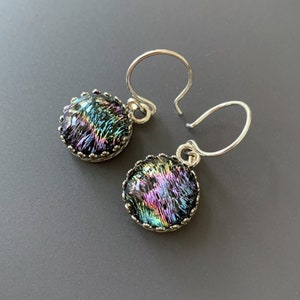 Rainbow Handmade Dichroic Glass Earrings with Sterling Silver Gallery Bezel Setting and Sterling Earwires image 2