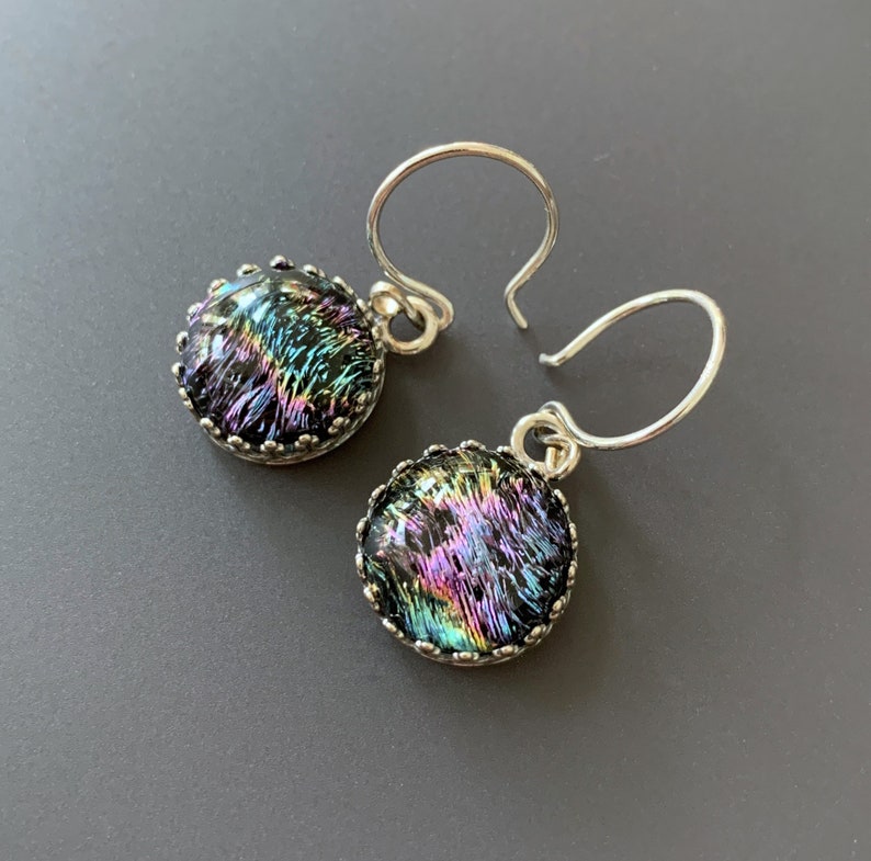 Rainbow Handmade Dichroic Glass Earrings with Sterling Silver Gallery Bezel Setting and Sterling Earwires image 2