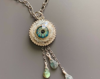 Tears of Joy II Sterling Silver and Lampworked Glass Eye Eyeball with Faceted Blue Green Flash Labradorite Briolettes