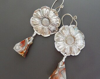 SALE! Silver Earrings, Poppy and Crazy Lace Agate Fine Silver and Sterling with Handmade Sterling Earwires