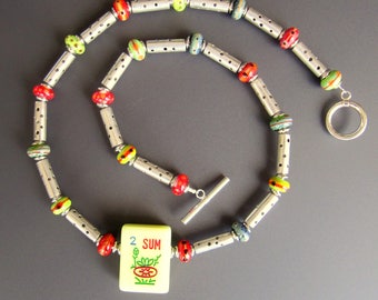 Mah Jongg Necklace OOAK with Sterling Silver Tube Beads Vintage Wind Tile and Lampworked Glass Bead Spacers Statement Necklace