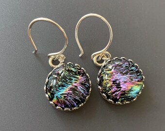 Rainbow Handmade Dichroic Glass Earrings with Sterling Silver Gallery Bezel Setting and Sterling Earwires