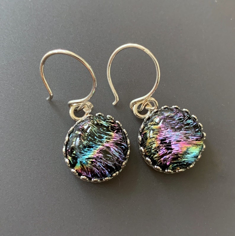 Rainbow Handmade Dichroic Glass Earrings with Sterling Silver Gallery Bezel Setting and Sterling Earwires image 1