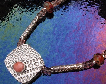 Sterling Necklace, Tribal Square Box Bead with Coral Cabochon and Borosilicate Glass, OOAK