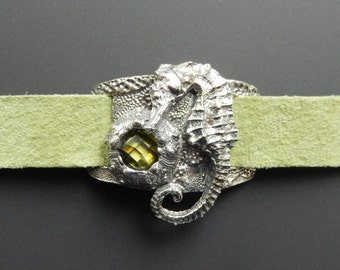 Sterling Silver Seahorse and Sea Urchin Green Suede Wrap Bracelet with Olivine CZ and Leather Ties