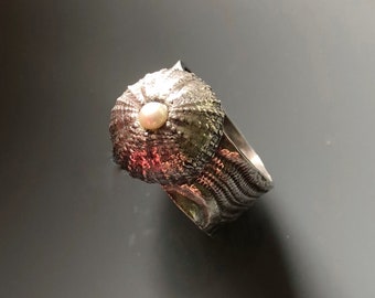 Size 7 Sterling Silver Sea Urchin Ring with Freshwater Pearl, Highly Textural