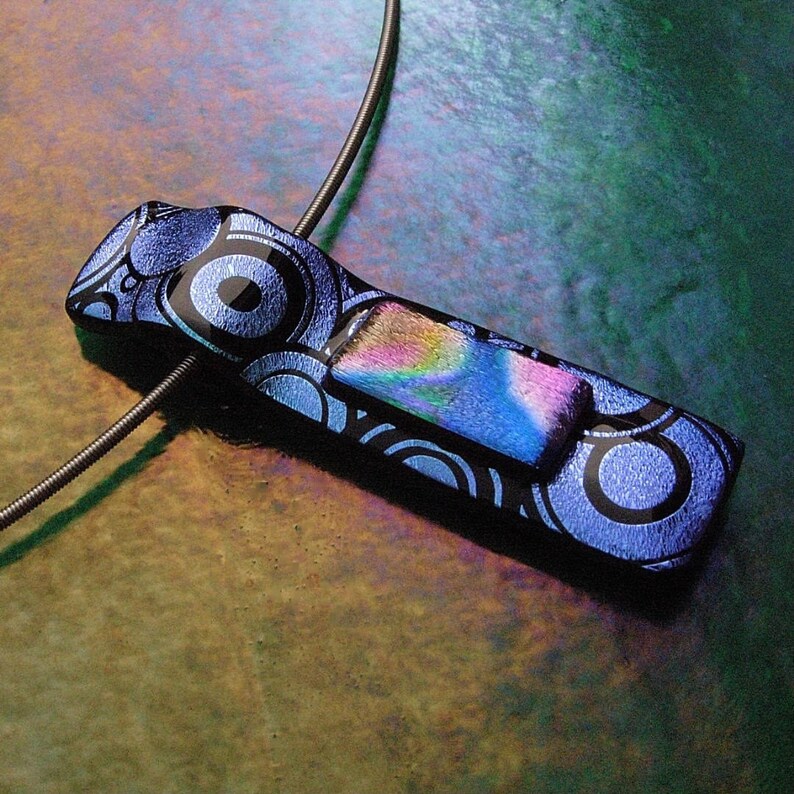 Circles Fused Dichroic Glass Pendant with Stainless Steel Choker image 1
