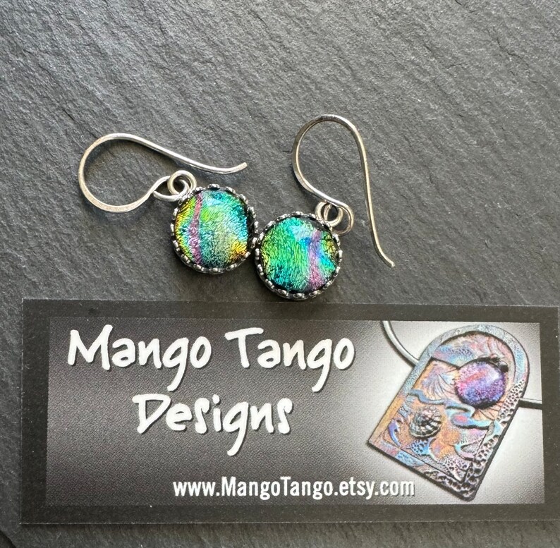 Rainbow Dichroic Glass Earrings with Sterling Silver Gallery Bezel Setting and Handmade Sterling Earwires image 3