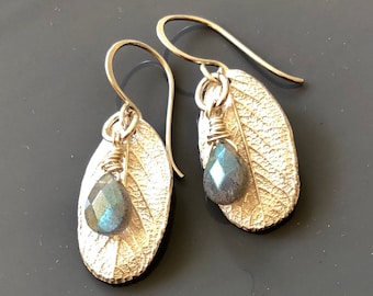 Gorgeous Fine Silver Beach Rose Leaf Drop Earrings with Hand-Hammered Sterling Earwires and Faceted Teardrop Labradorite Beads