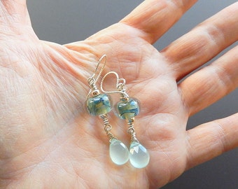 Glass Earrings, Lampwork Glass and Pale Blue Chalcedony Sterling Silver Drop Earrings