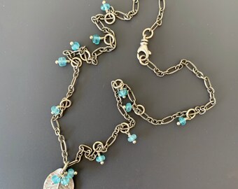 Tiny Fine Silver Leaf Necklace with Apatite Rondelles on Etched Sterling Chain