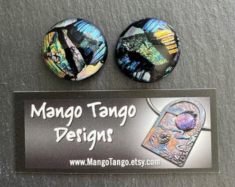 Matched Pair of 22mm Round Colorful Focal Dichroic Glass Cabochons - OOAK Cabs N and W