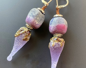 Luminous Mixed Metal Etched Glass Drop Earrings Copper and Sterling Silver