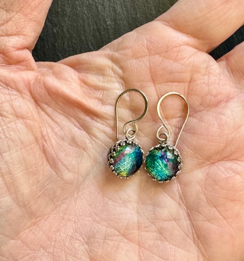 Rainbow Dichroic Glass Earrings with Sterling Silver Gallery Bezel Setting and Handmade Sterling Earwires image 4