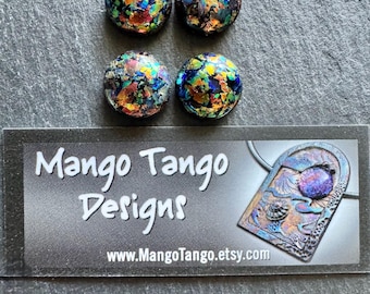 Dichroic Glass Cabs - Lot of 4 Black Rainbow Dots