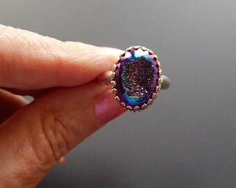 Sterling Silver Ring with Purple Blue Window Druzy in Gallery Bezel Size 8