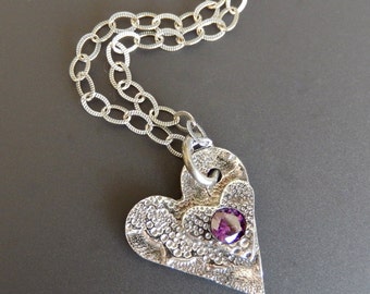 Sterling Silver Necklace Pendant Oxidized Double Heart with Amethyst CZ on 18 inch Etched Sterling Link Chain with Lobster Claw Clasp