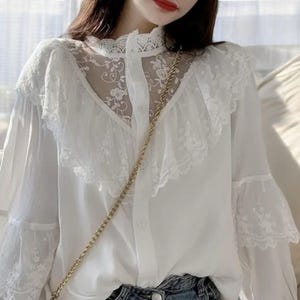 Moxidress Ruffle Long Sleeves Button Up Lace Shirt