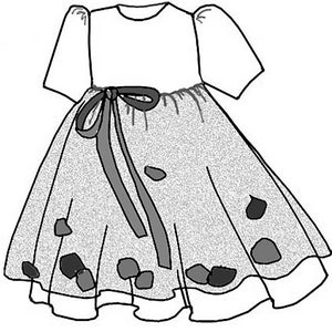 May include: A white dress with short sleeves and a gray tulle skirt. The skirt has a black ribbon tied around the waist and is decorated with gray and black flower shapes.