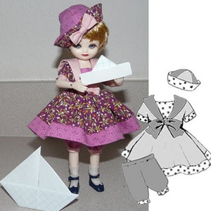 May include: A doll wearing a purple and pink dress with floral print, a pink hat with a bow, and holding a paper boat. The doll has blonde hair and blue eyes. The doll is standing on a white surface. A paper boat is on the left side of the image. A black and white illustration of a sailor outfit is on the right side of the image.