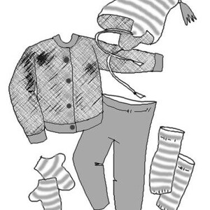 May include: A set of winter clothing including a striped hat, a grey sweater with buttons, grey trousers, and two pairs of striped socks.