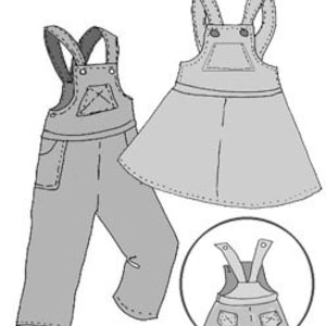 Può includere: Una salopette di jeans con grembiule e bretelle regolabili, e una gonna di jeans con bretelle regolabili. Entrambi i capi hanno una singola tasca anteriore.