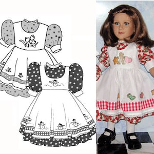 May include: A black and white line drawing of two doll dresses. The first dress has a white bodice with a floral design and a grey skirt with a white trim. The second dress has a white bodice with a snowman design and a black skirt with a white trim.