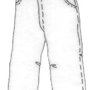 May include: A monochrome illustration of trousers. The trousers feature a waistband with a button and belt loops. Pockets are visible on the front and back. The legs are slightly flared at the hem.
