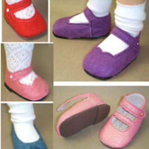 May include: Four pairs of doll shoes in red, purple, pink, and blue. The shoes are all closed-toe with a strap across the instep.
