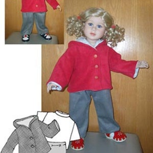 May include: A red fleece jacket with a hood and button closure, and a pair of gray pants. The jacket has white trim on the sleeves and hood. The pants have a straight leg. The pattern is for a doll.