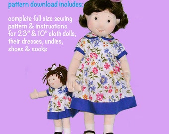 Cloth doll pattern - 23" doll and her own 10" rag doll sewing pattern - PDF doll pattern