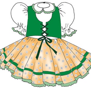 May include: A green and white dress with a yellow skirt featuring white polka dots and green trim. The dress has a green bodice with a white collar and a lace-up front.