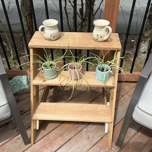 May include: A wooden three-tiered plant stand with four potted plants and two white ceramic mugs with floral designs. The stand is on a wooden deck.