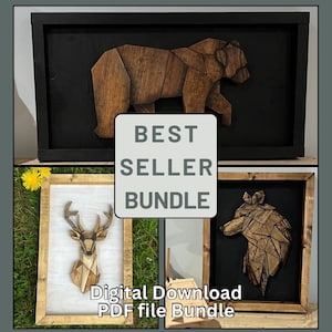 May include: A bundle of three wooden wall art pieces. The top piece features a geometric bear on a black background. The bottom left piece has a deer, and the bottom right piece has a wolf. The text "BEST SELLER BUNDLE" and "Digital Download PDF file Bundle" are also visible.