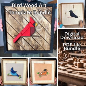 Pode incluir: Pacote de modelos de arte em madeira de pássaros. São mostradas peças de arte de pássaros em madeira emolduradas. A imagem principal mostra um cardeal vermelho em um galho, com o texto "Bird Wood Art Template Bundle".