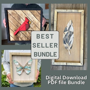 May include: A bundle of three wooden wall art pieces. One features a red cardinal, another a geometric feather, and the third a butterfly. The text "BEST SELLER BUNDLE" is displayed. The words "Digital Download PDF file Bundle" are also visible.