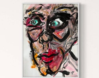 Puede incluir: Pintura abstracta de un rostro con líneas negras audaces y colores brillantes, incluyendo turquesa, rosa y amarillo.