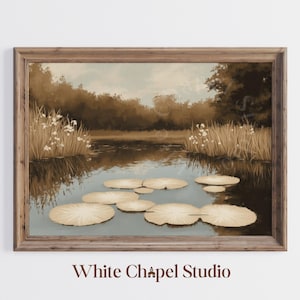 Impression d&#39;étang nénuphar | Tableau botanique lac | Art mural paysage naturel rustique | Décoration de ferme de campagne française | Art numérique Nénuphar