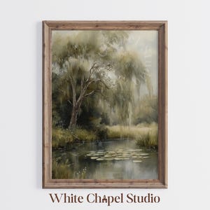Weeping Willow Print | English Countryside Art | Tree Artwork | Rustic Wall Decor | Lily Pad Pond | Farmhouse Landscape | Digital Download