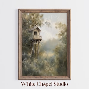 Muted Treehouse Art Print | Nostalgic Tree House Painting | Moody Wall Art | Rustic Cabin Decor | Kids Room Wall Decor Digital Download