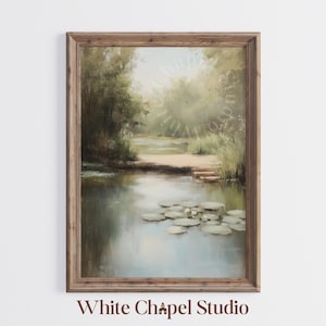 Vintage Seerosenblatt Kunst | Blick auf den See Poster | Landschaftsmalerei | Sommer-Seerosenblatt-Wandkunst französisches Land digitaler Download