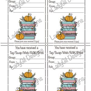May include: White cardstock with four identical gift tags. Each tag features a stack of books with a pumpkin on top and bottom, and the text "You have received a Tag/Swap/Wish/RAK/Prize".