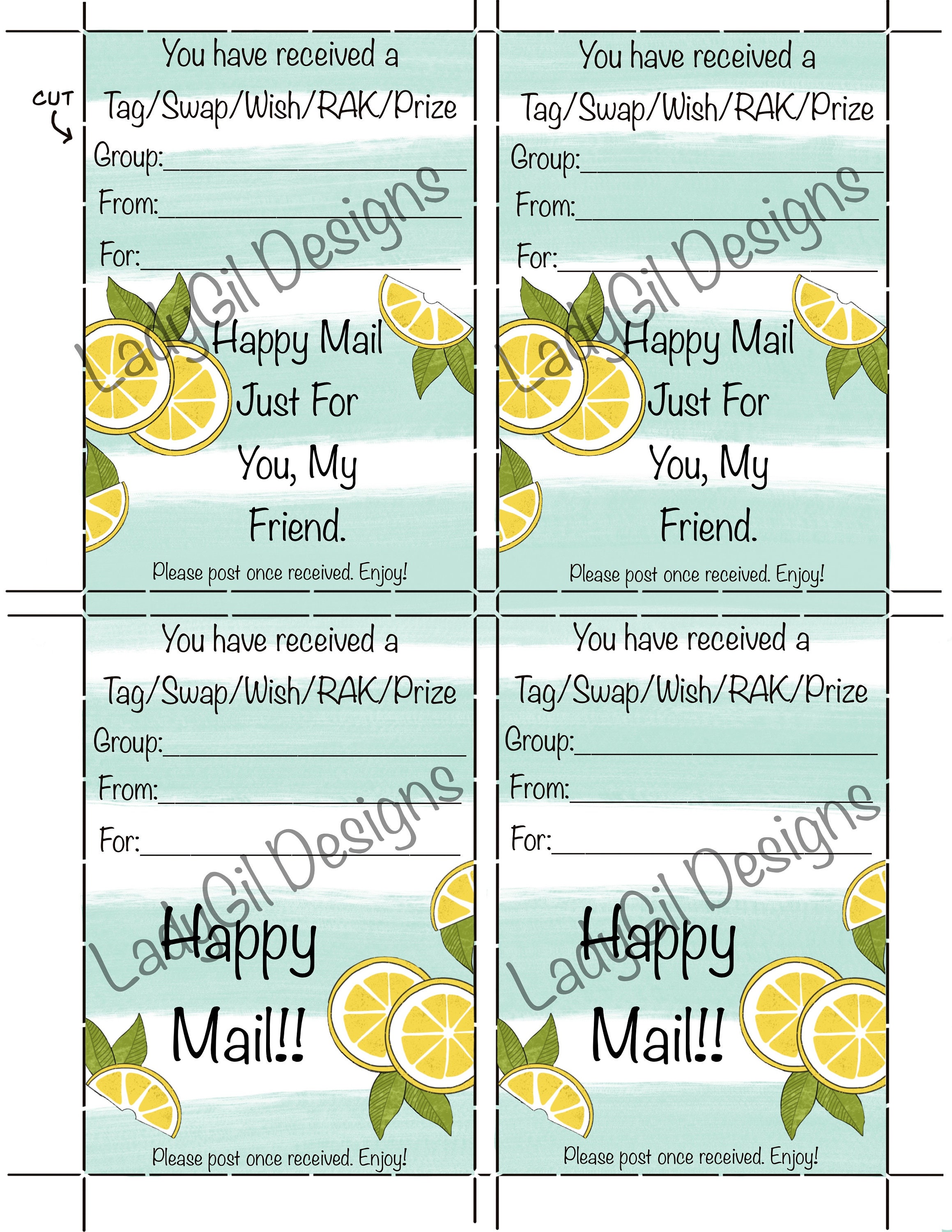 Happy Mail Swap Insert Tag Insert Wish RAK Prize Lemon Tag Insert