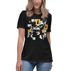 Peut inclure: T-shirt noir avec un collage de visages inspirés de Catwoman dans différents styles. Le design comprend des éléments jaunes, blancs et noirs, créant un aspect graphique et artistique. Le t-shirt est de coupe décontractée.