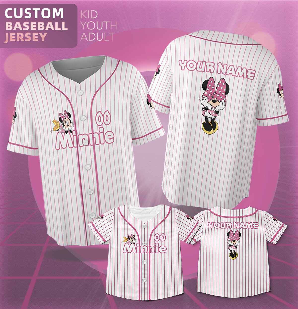 Custom Minnie Mouse Jersey Team Custom Kid Youth Adult Disney Jersey Magic Kingdom Baseball Gift Jersey Gift for Disney Fans